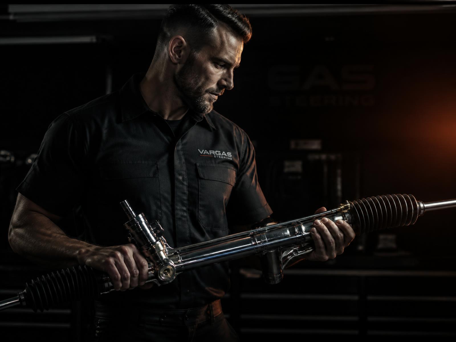 Technician inspecting a chrome steering rack in a workshop